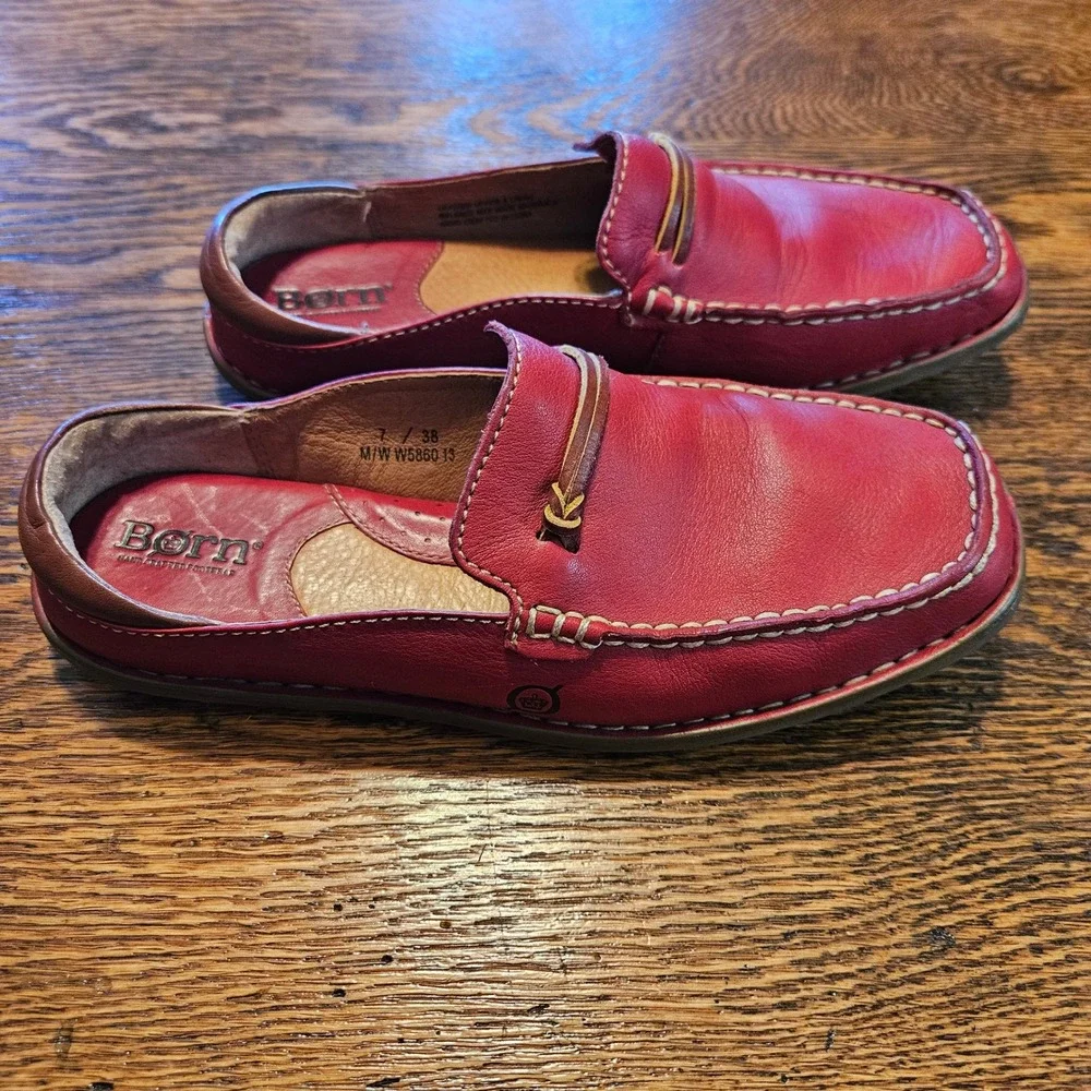 Born Red Leather Casual Slip On Comfort Driving Mules Loafers Womens‎ 7M Mocs